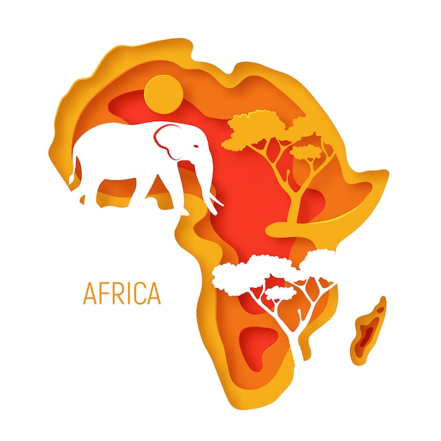 Afrique Papier Decoratif 3d Coupe La Carte Du Continent Africain Avec La Silhouette De L Elephant Vecteur Premium