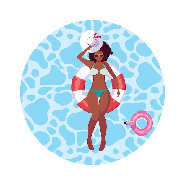 Afro femme avec maillot de bain et sauveteur flotte dans l'eau Vecteur Premium