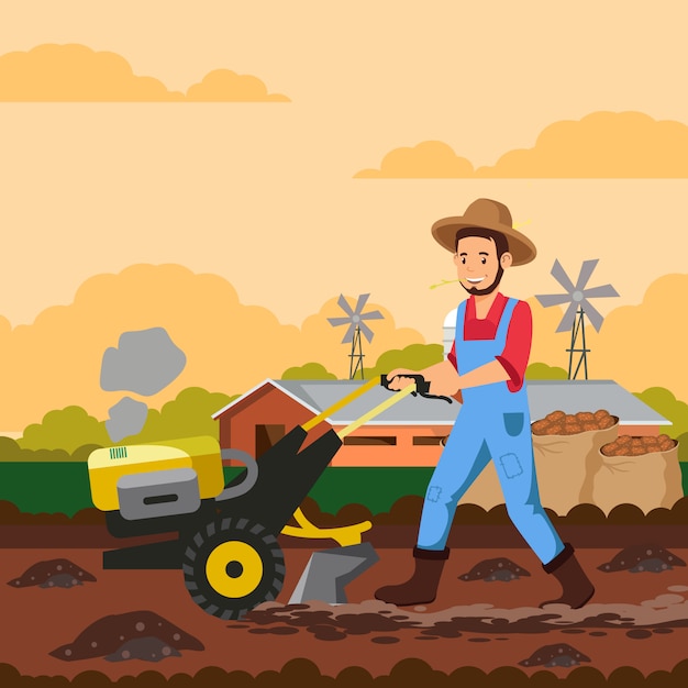 Agriculteur Avec Illustration Vectorielle De Motoculteur Vecteur Premium