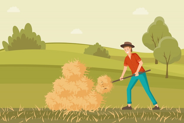 Agriculteur Travaillant Sur L'illustration De Hayfield | Vecteur Premium