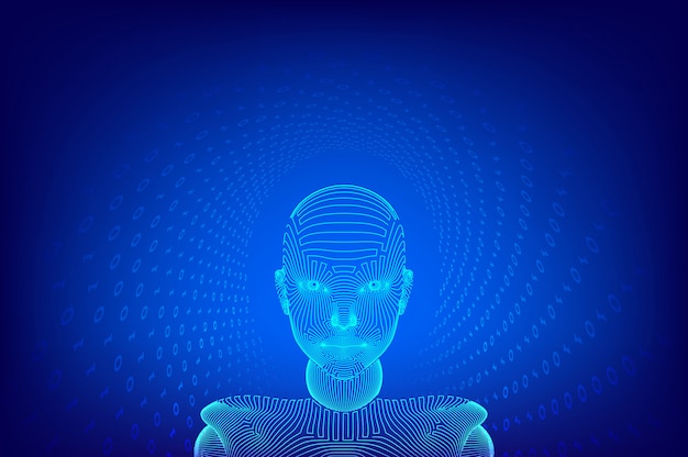 Ai. Intelligence Artificielle . Ai Cerveau Numérique. Visage Humain Numérique Abstrait. Tête Humaine Dans L'interprétation Informatique Numérique Du Robot. Robotique. Concept De Tête Filaire. Illustration. Vecteur Premium