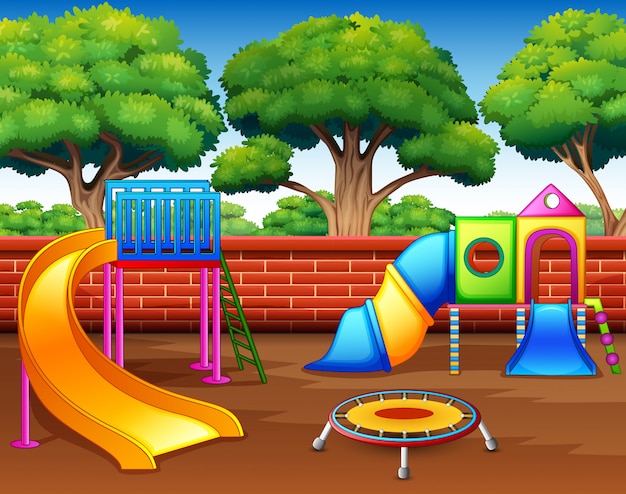 Aire de jeux pour enfants avec des toboggans dans le parc Vecteur Premium