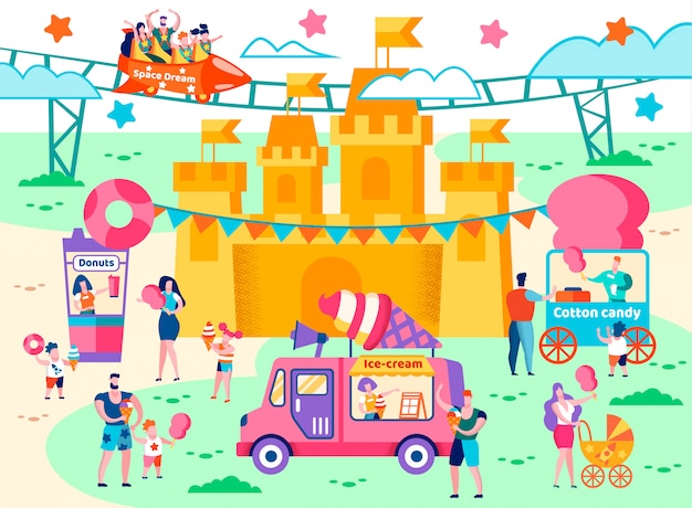 Aire de restauration dans un dessin animé plat de parc d'attractions. Vecteur Premium