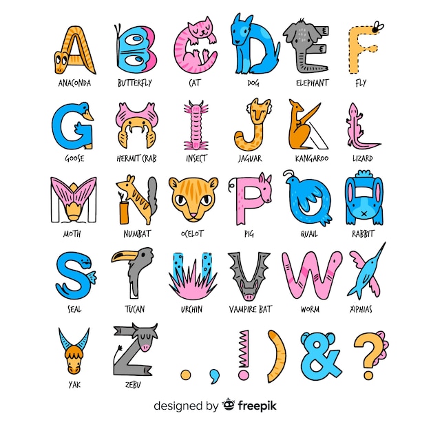 Alphabet Des Animaux Au Design Plat Vecteur Gratuite