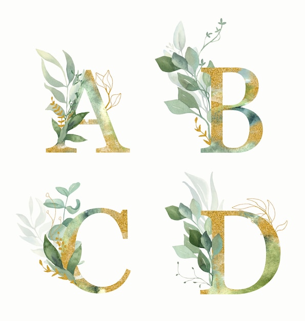 Alphabet Floral Jeu De Lettres A B C D Avec Aquarelle Vert Et