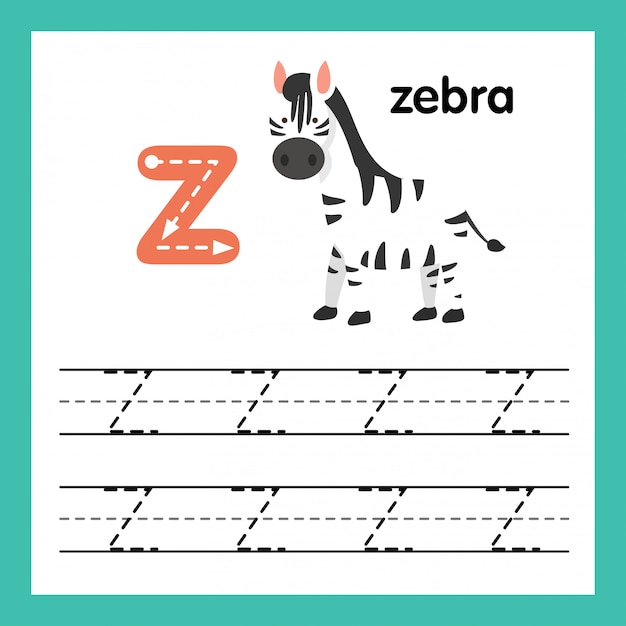 Alphabet z exercice avec illustration de vocabulaire de dessin animé, vector Vecteur Premium