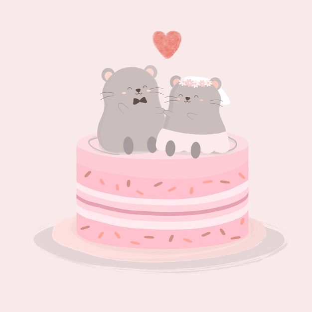 L Amant De Rat Assis Sur Un Gateau Sucre Dessin Anime Isole Animaux Mignons Couples Romantiques Amoureux Concept De La Saint Valentin Illustration Vecteur Gratuite