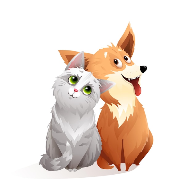 Amitie Adorable Chat Et Chien Illustration De Dessin Anime Vecteur Premium