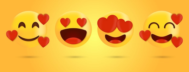 Amour Emoticone Et Emoji Avec Jeu De Visages De Vecteur De Coeur Sourire Visage Emoji Avec Des Yeux De Coeur Vecteur Premium