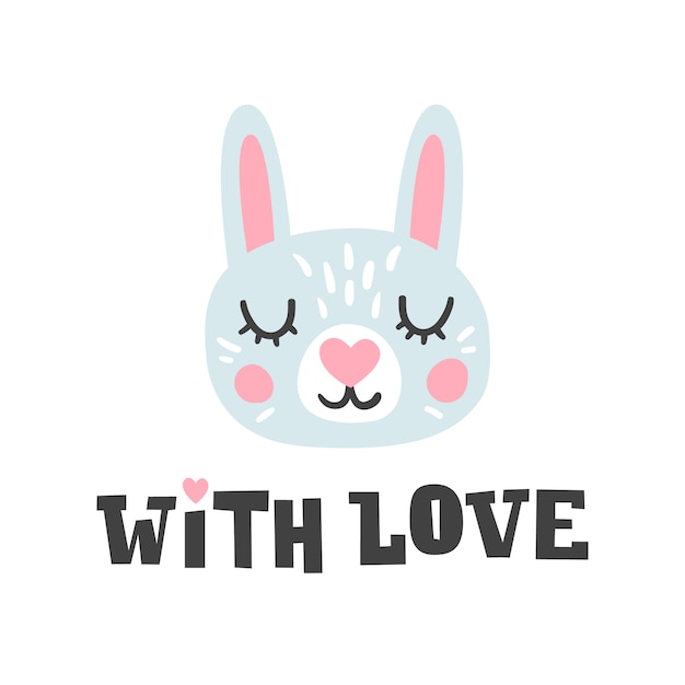 Avec Amour Tete De Lapin Et Citation Dessinee A La Main Romantique Personnage De Visage De Lapin Vecteur Premium