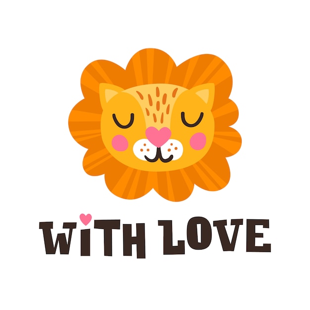 Avec Amour Tete De Lion Et Citation Romantique Dessines A La Main Carte Postale Pour La Saint Valentin Heureuse Caractere De Visage Animal Mignon Pour Les Enfants Vecteur Premium