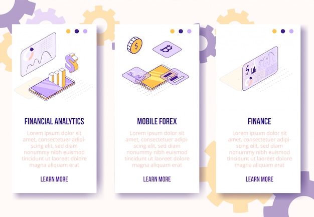 Analyse conceptuelle et financière, concept de conception isométrique numérique, modèle de bannières verticales pour écran application forex mobile Vecteur Premium