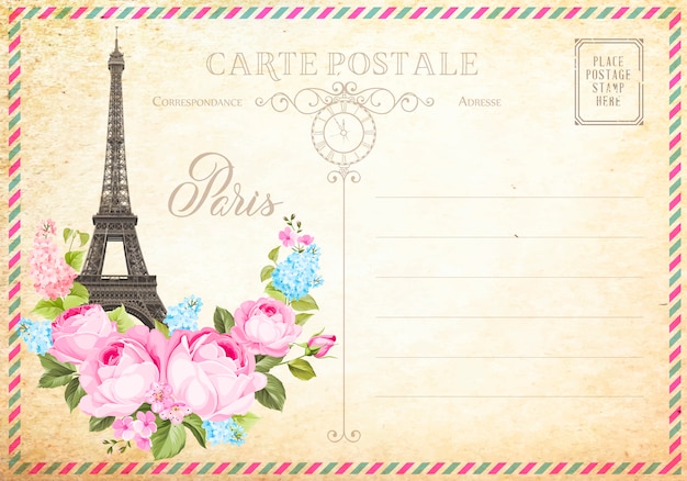 Ancienne carte postale vierge avec timbres postaux et tour eiffel avec des fleurs de printemps sur le dessus. Vecteur Premium