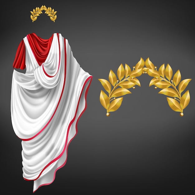 Ancienne toge blanche sur la tunique rouge et la couronne de laurier doré vecteur réaliste 3d isolé. empereur de l'empire romain, glorieux citoyen de la république, célèbre vêtement philosophe, symbole du triomphe Vecteur gratuit