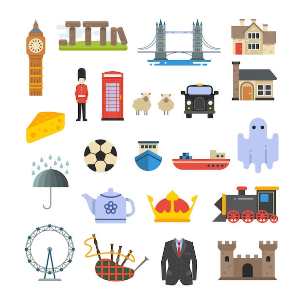 Angleterre, britannique, royaume-uni, vecteur, points de repère, ensemble Vecteur Premium