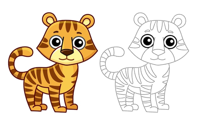 Animal A Colorier Pour Livre De Coloriage Pour Enfants Tigre Drole Dans Un Style Cartoon Trace Les Points Et Colorie L Image Vecteur Premium