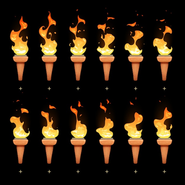 Animation de la flamme avec le dessin animé feu blaze séquence sprites set. Vecteur Premium