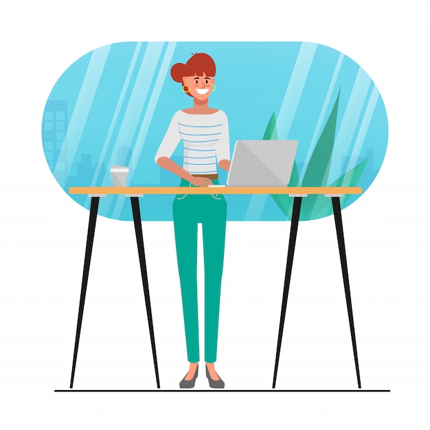 Animation de personnage de la jeune femme à l'aide d'un ordinateur portable dans un café. activité de mode de vie de blogueur à la mode. Vecteur Premium