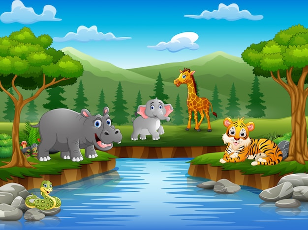 Animaux de bande dessinée profitent de la nature au bord de la rivière Vecteur Premium