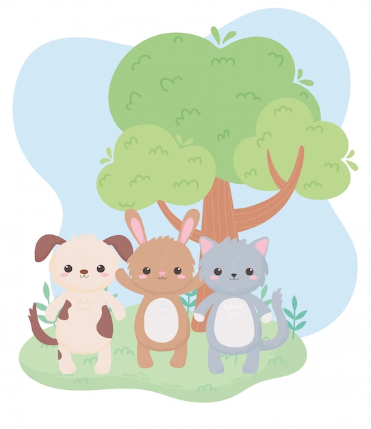 Animaux De Dessin Anime Mignon Petit Chat Chien Et Lapin Arbre Dans Un Paysage Naturel Vecteur Premium