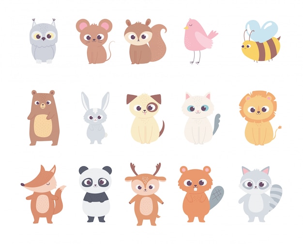 Animaux De Dessin Anime Mignon Petits Personnages Hibou Souris Ecureuil Cerf Oiseau Abeille Ours Chat Chien Lion Vecteur Premium