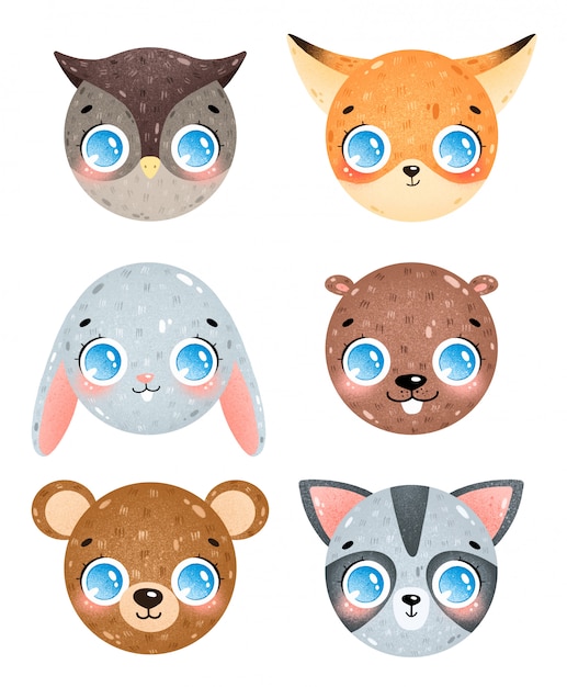 Animaux De La Foret Dessin Anime Mignon Fait Face A Des Icones Definies Chouette Renard Lapin Castor Ours Tete De Raton Laveur Pack D Emoticones D Animaux De La Foret Isole Vecteur Premium