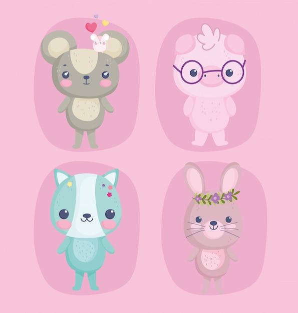 Animaux Mignons Petit Cochon De Souris Avec Des Lunettes Chat Et Lapin Avec Dessin Anime Fleurs Vecteur Premium