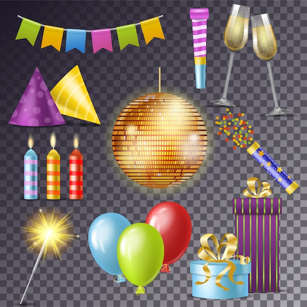 Anniversaire Fete Vector Bande Dessinee Celebration Joyeux Anniversaire Avec Des Cadeaux Ou Des Ballons Sur Anniversaire Ensemble De Disco Ball Ou Bougie Et Nouvel An Sparkler Illustration Isole Vecteur Premium