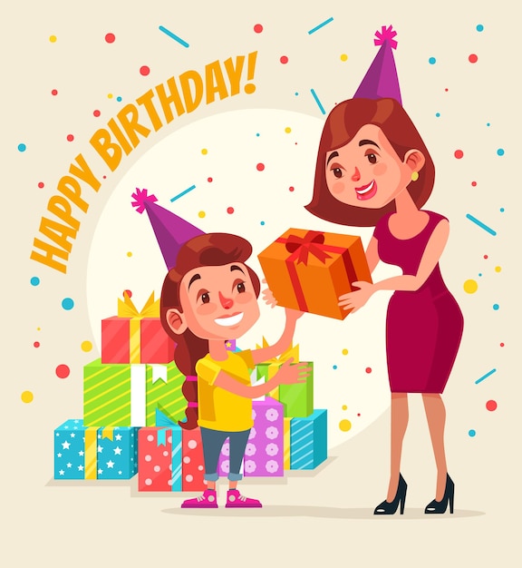 Anniversaire De Personnage De Petite Fille Le Personnage De Maman Donne Une Boite Cadeau Joyeux Anniversaire Illustration De Dessin Anime Plat Vecteur Premium