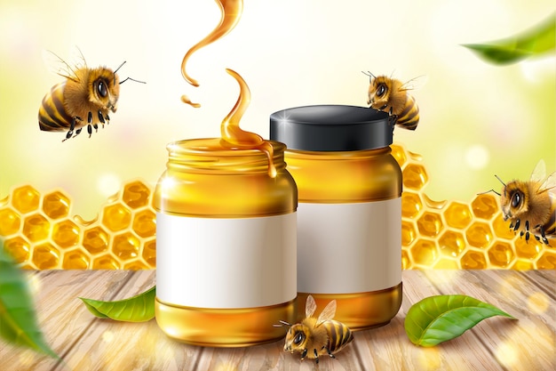 Annonces De Miel Pur Avec Des Abeilles Et Nid D Abeille En Illustration 3d Sur Table En Bois Vecteur Premium