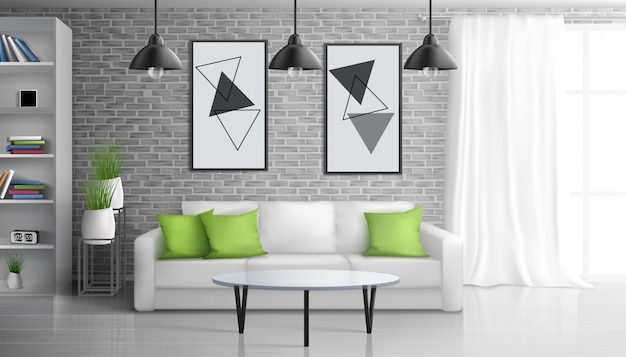 Appartement Salon, Espace De Bureau Ouvert Intérieur Intérieur Réaliste  Avec Table Basse Près Du Canapé, Peintures Sur Mur De Briques, étagères,  Suspendu Au Plafond Illustration De Lampes Vintage | Vecteur Gratuite