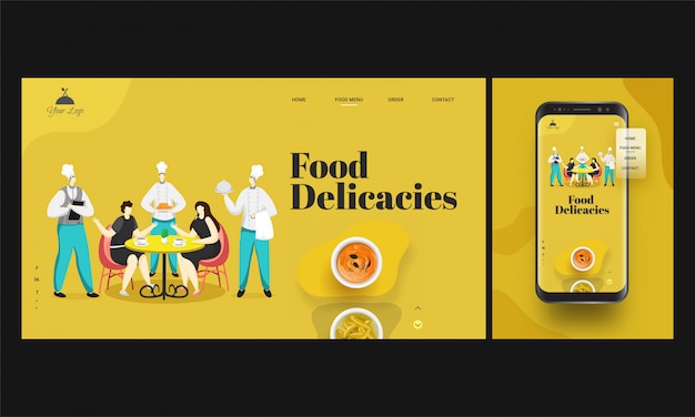 Application de restaurant en ligne sur smartphone avec commande du chef avec service de restauration aux clients assis sur la table à manger Vecteur Premium