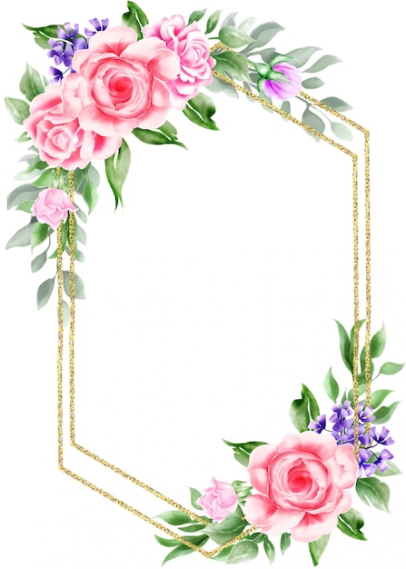 Aquarelle Cadre  Vintage Floral Avec Bordure En Or 