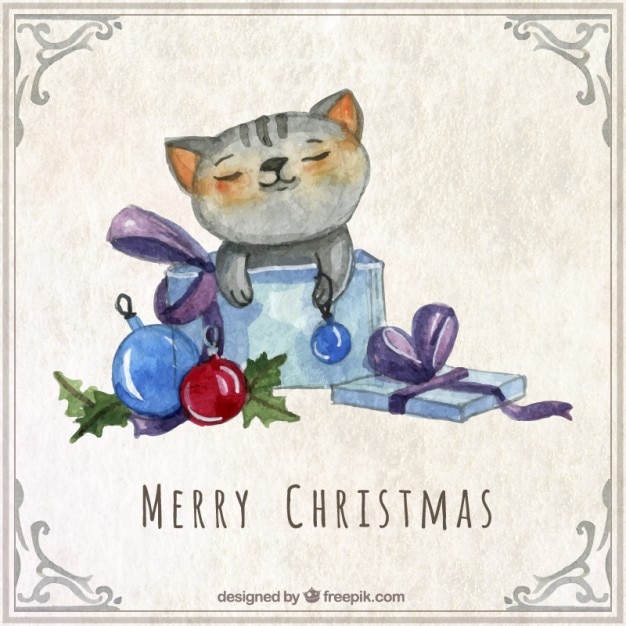 Aquarelle Carte De Noel Cat Vecteur Premium