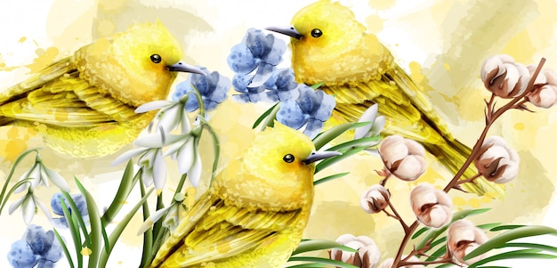 Aquarelle De Carte De Printemps Avec Des Oiseaux Vecteur Premium