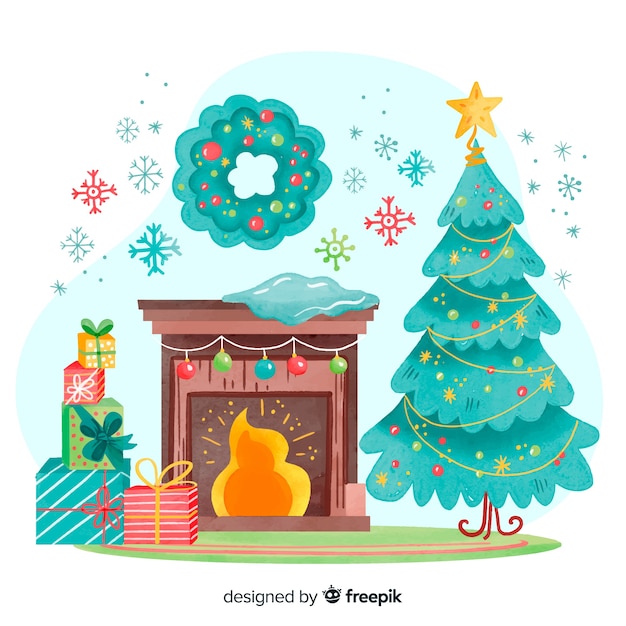 Aquarelle décoration de noël à l'intérieur Vecteur gratuit