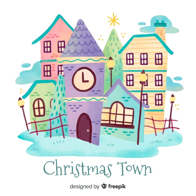 Aquarelle fond de ville de noël Vecteur gratuit