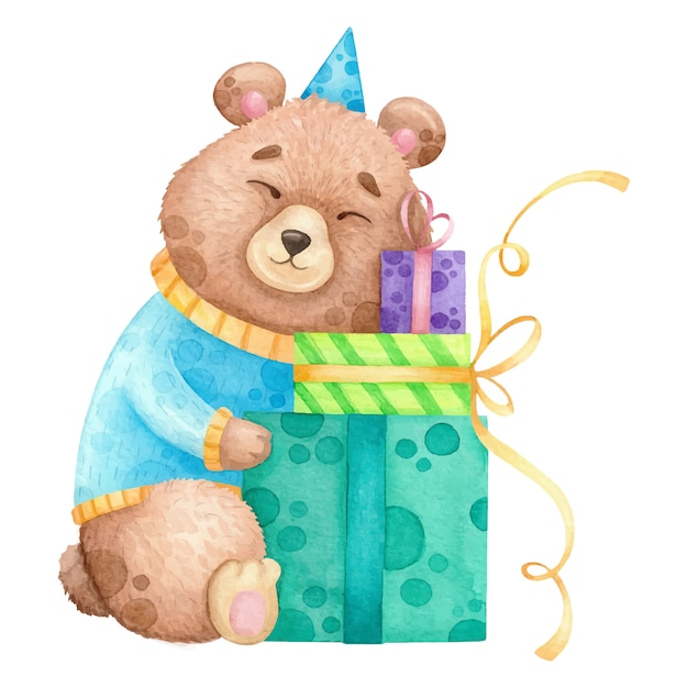 Aquarelle ours avec des cadeaux d'anniversaire. Vecteur Premium