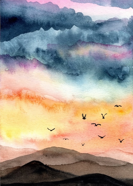 Aquarelle de paysage avec fond de ciel magnifique Vecteur Premium