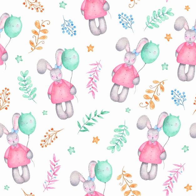 Aquarelle transparente motif joyeux pâques jolie fille lapin avec des fleurs de ballons à air Vecteur gratuit