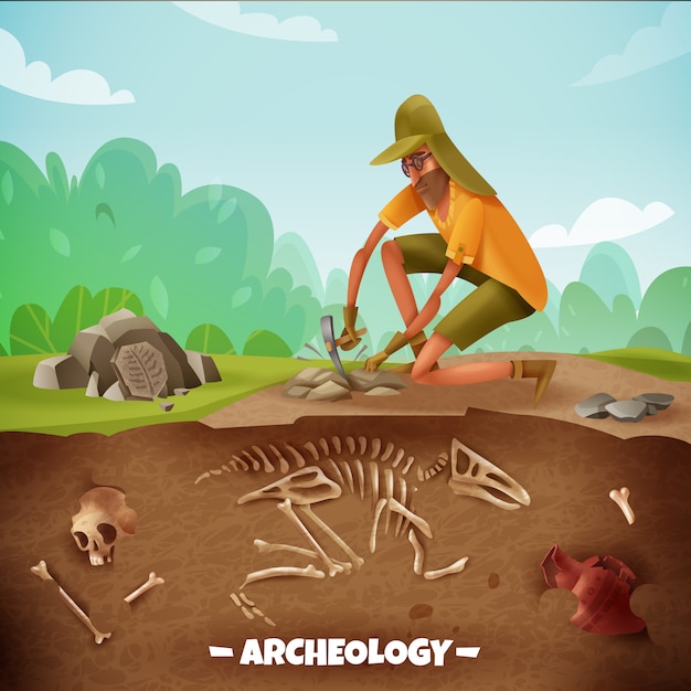 Archeologie Avec Texte Et Caractere Archeologue Lors De Fouilles Archeologiques Avec Des Os De Dinosaures Et Un Paysage Exterieur Vecteur Gratuite