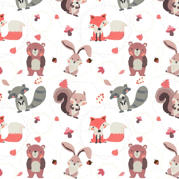 Arrière-plan transparent de mignons animaux des forêts automne castor, écureuil, lapin et ours Vecteur Premium