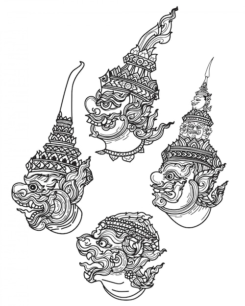 Art du tatouage géant serti dessin à la main et croquis noir et blanc Vecteur Premium