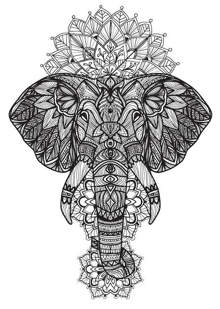 Art De Tatouage Elephant Thailandais Main Dessin Et Croquis Noir Et Blanc Vecteur Premium