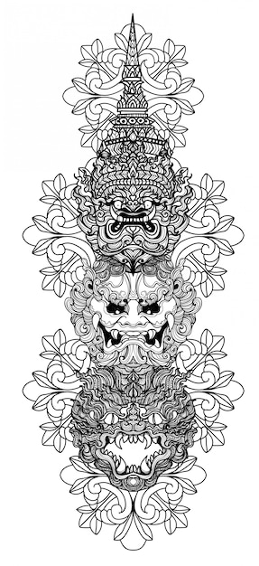 Art de tatouage géant main dessin et croquis noir et blanc Vecteur Premium