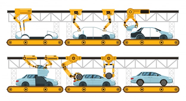 Assemblage Automobile Convoyeur D Assemblage De Voiture D Usine Fabrication De Bras Robotiques Automobile Jeu D Illustration De Processus D Automatisation Industrielle Convoyeur Automatique De Robot Processus De Bras D Assemblage Vecteur Premium