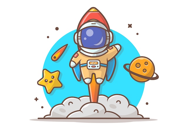 Astronaute mignon volant avec fusée, planète et illustration d'étoile mignonne Vecteur Premium