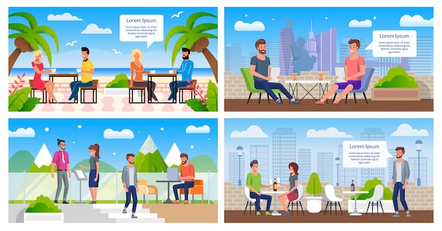 Au repos dans le café en plein air plat vector posters set Vecteur Premium
