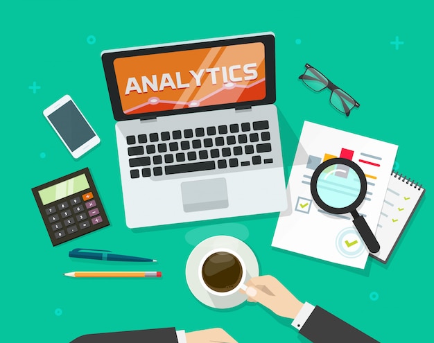 Audit de rapport financier concept ou recherche de données comptables sur le lieu de travail ordinateur table vue de dessus vector illustration plat Vecteur Premium