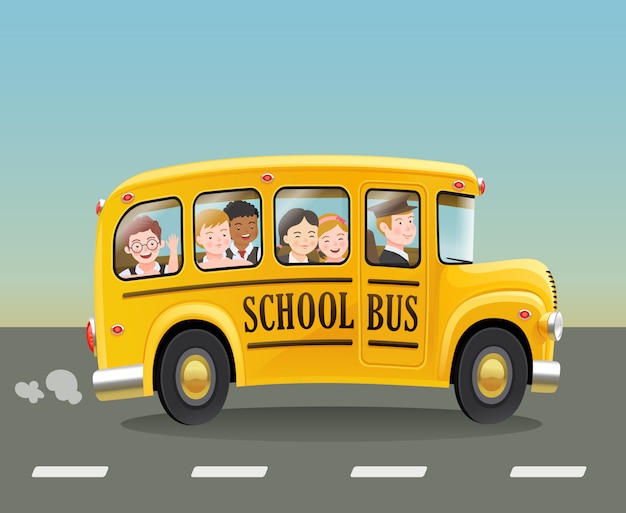 Autobus Scolaire De Dessin Animé Avec Des Enfants. | Vecteur Premium